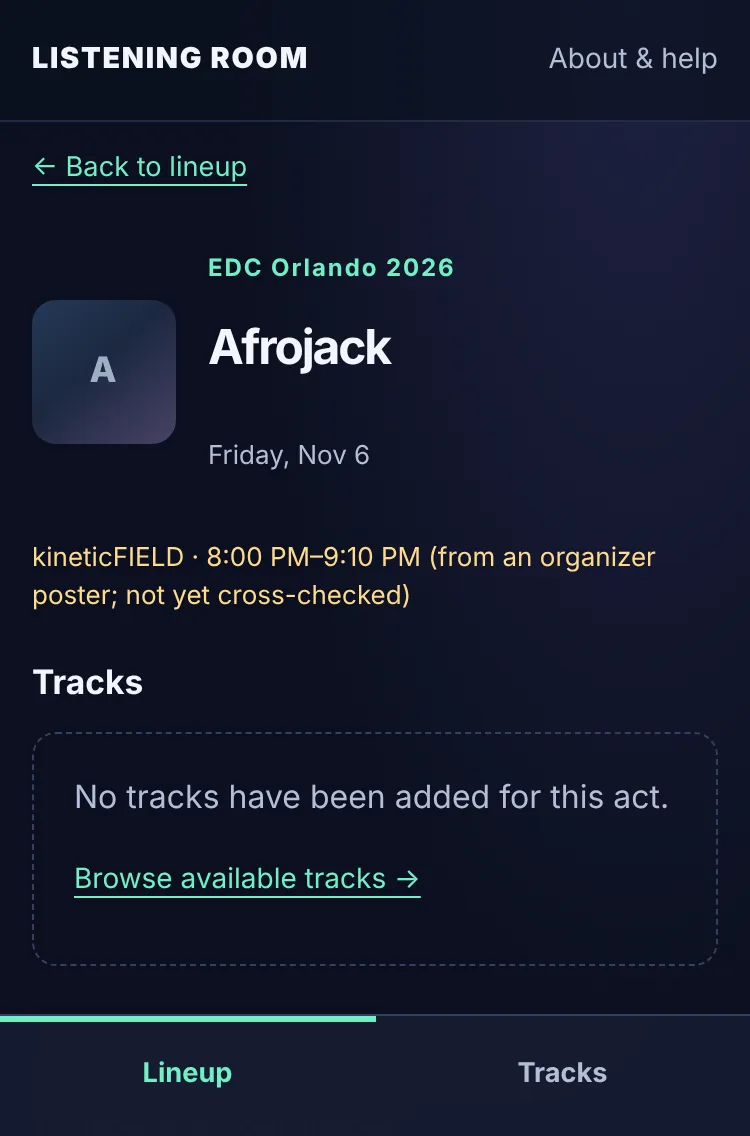 An artist page with no track yet, showing the initials artwork and the message that no tracks have been added.