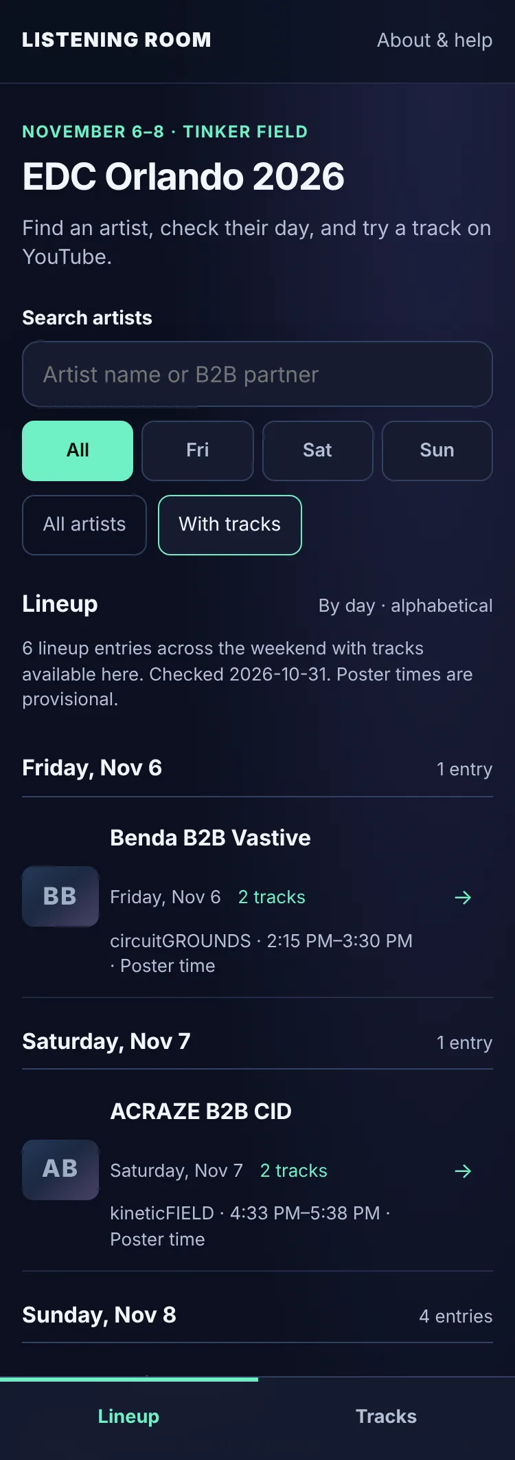 The lineup with the With tracks filter selected, showing only acts that have tracks.